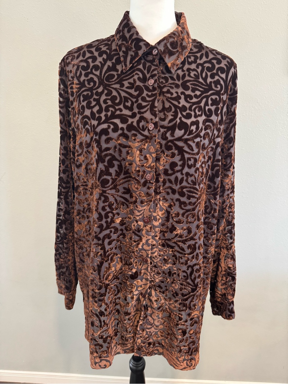 Anne Carson Velvet Burnout Long-Sleeve Button Down Shirt Whimsigoth Fall Boho XL